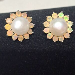 3mm round fire opal 10mm pearl 925 sterling silver w 14k wgp flower earrings NWT